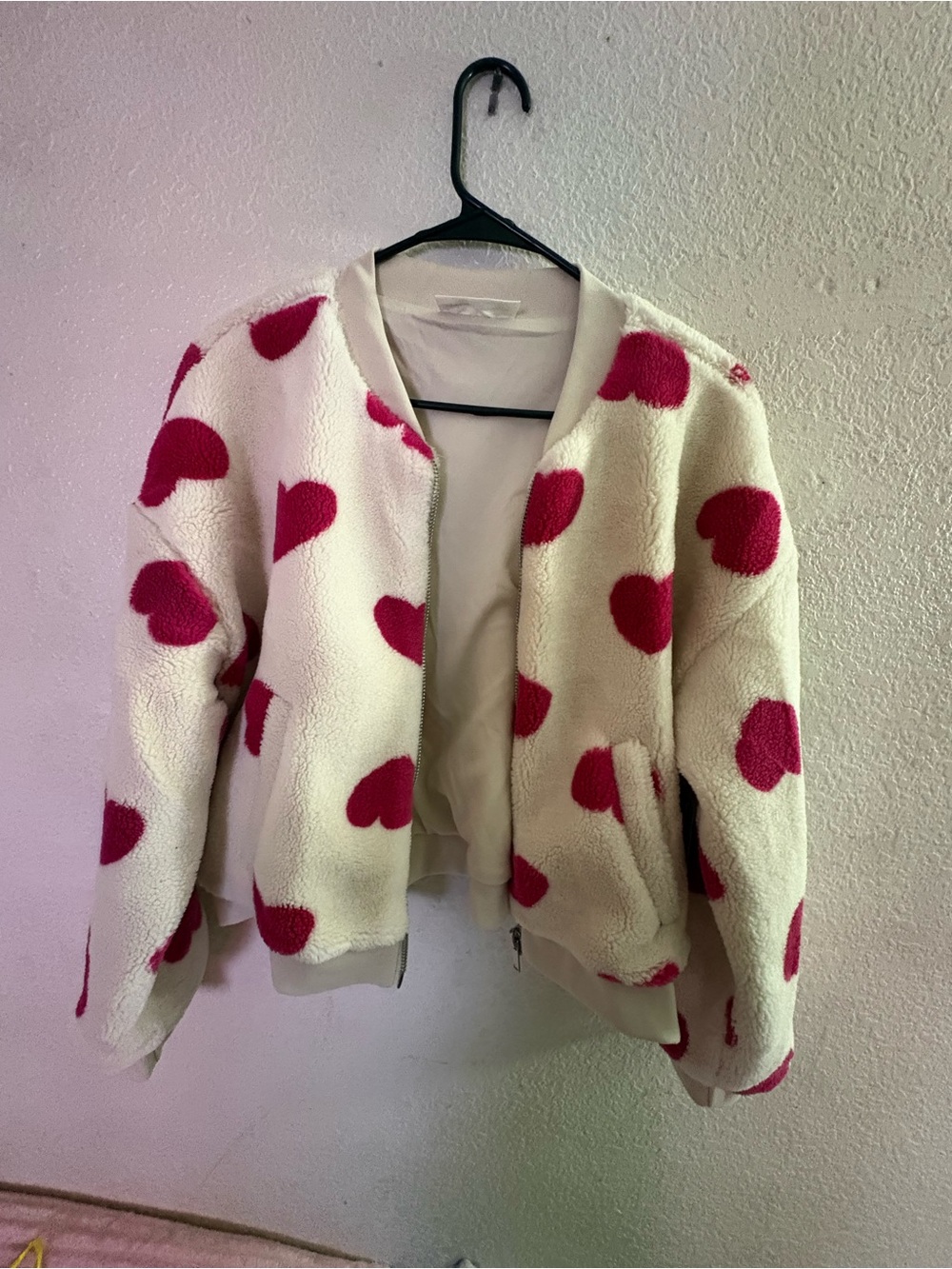 No Boundaries Cream Sherpa Jacket with Pink Heart Print